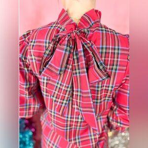 J Marie Hollis Long Sleeve Bow Top Red Tartan Plaid XS